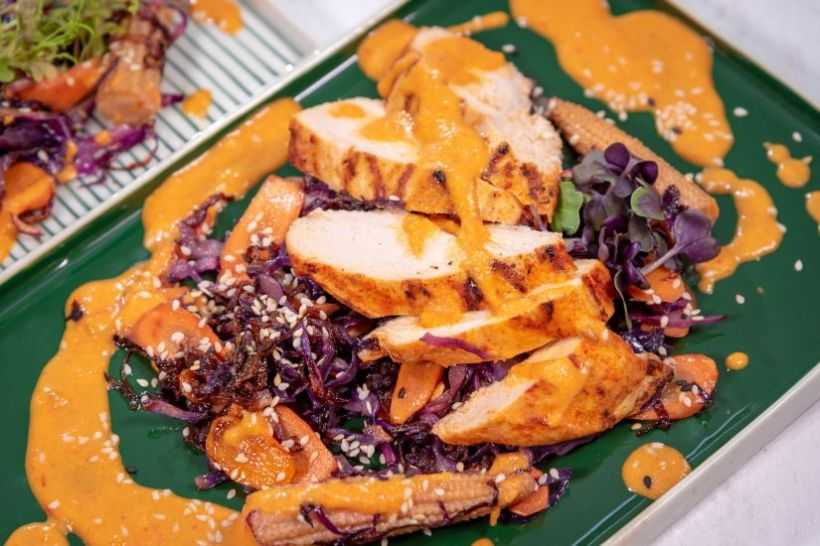 Piept de pui cu sos de roșii, rădăcinoase și  varză roșie scăzută cu legume și  susan